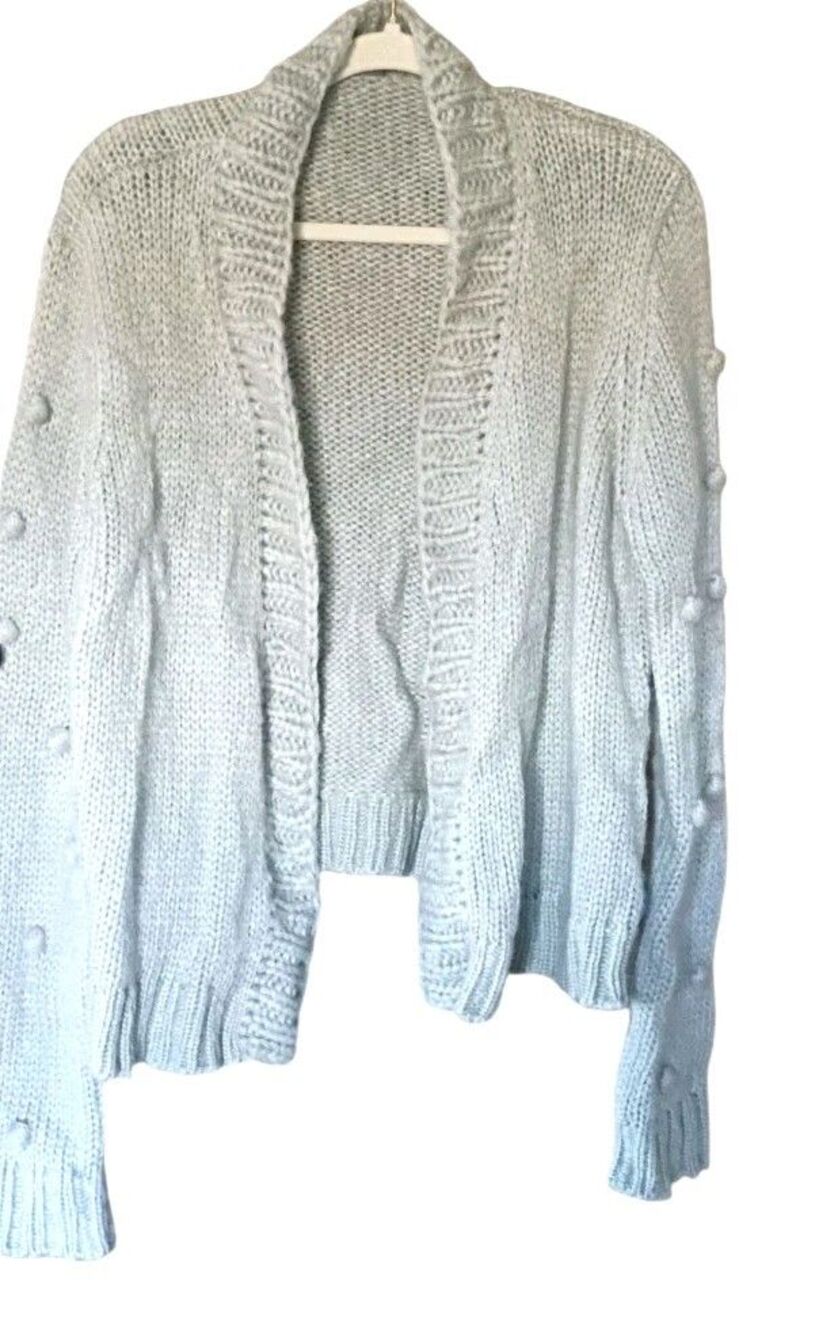 Wooden Ships Open Front Cardigan Sweater Grey M/L Medium Mohair Wool Pom Poms